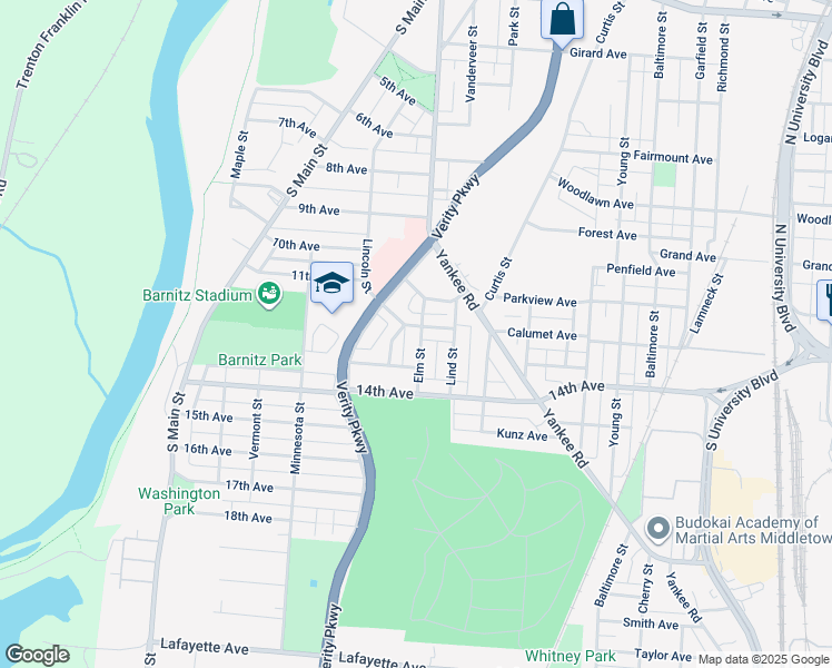 map of restaurants, bars, coffee shops, grocery stores, and more near 1104 Elm Street in Middletown