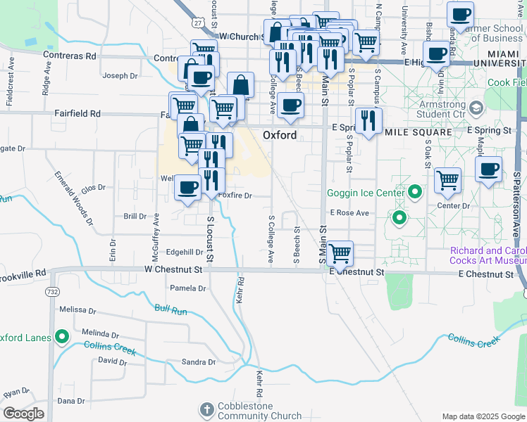 map of restaurants, bars, coffee shops, grocery stores, and more near 519 South College Avenue in Oxford