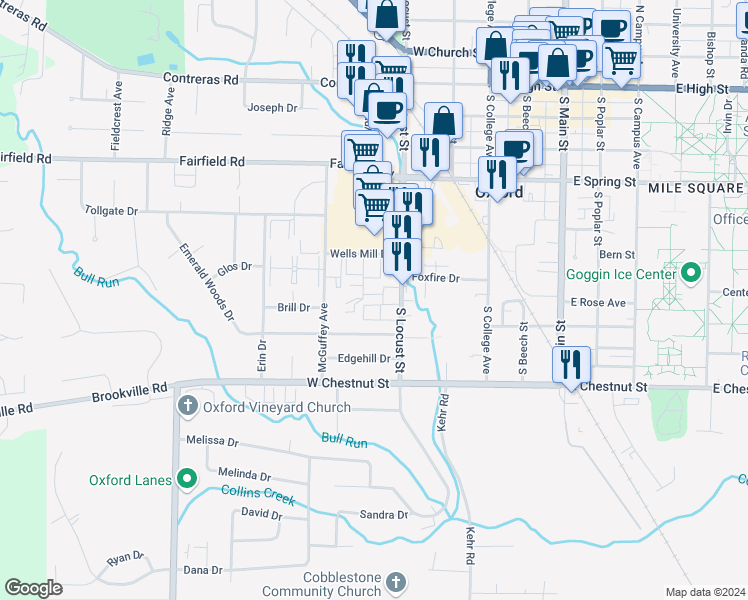 map of restaurants, bars, coffee shops, grocery stores, and more near 610 South Locust Street in Oxford