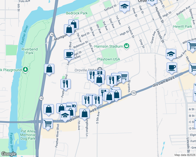 map of restaurants, bars, coffee shops, grocery stores, and more near 2010 5th Avenue in Oroville