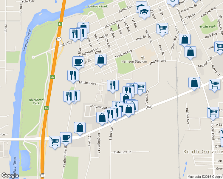 map of restaurants, bars, coffee shops, grocery stores, and more near 2010 5th Avenue in Oroville