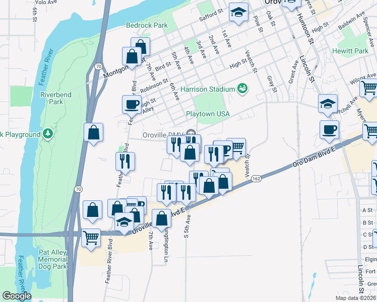 map of restaurants, bars, coffee shops, grocery stores, and more near 2006 5th Avenue in Oroville