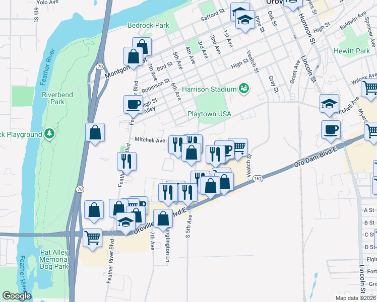 map of restaurants, bars, coffee shops, grocery stores, and more near 2012 5th Avenue in Oroville