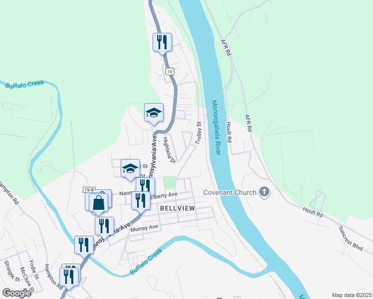 map of restaurants, bars, coffee shops, grocery stores, and more near Highland Drive in Fairmont