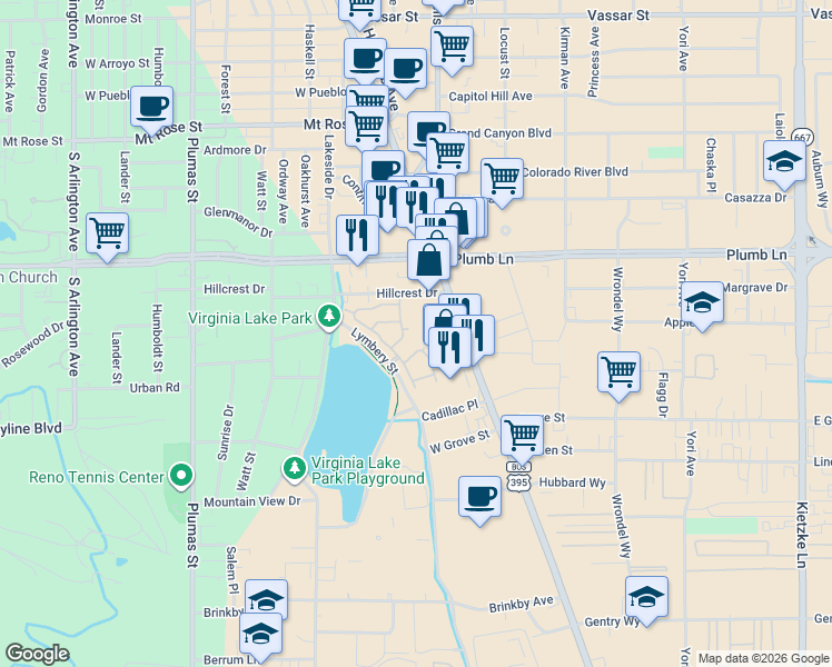 map of restaurants, bars, coffee shops, grocery stores, and more near 2101 South Virginia Street in Reno