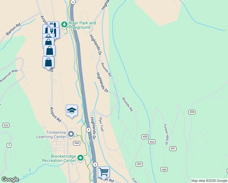 map of restaurants, bars, coffee shops, grocery stores, and more near 71 Rounds Road in Breckenridge