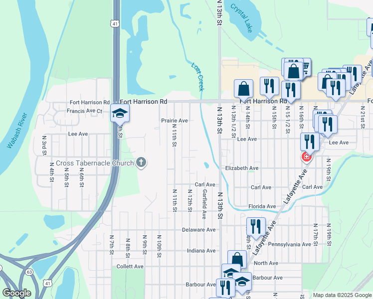 map of restaurants, bars, coffee shops, grocery stores, and more near 3108 North 12th Street in Terre Haute