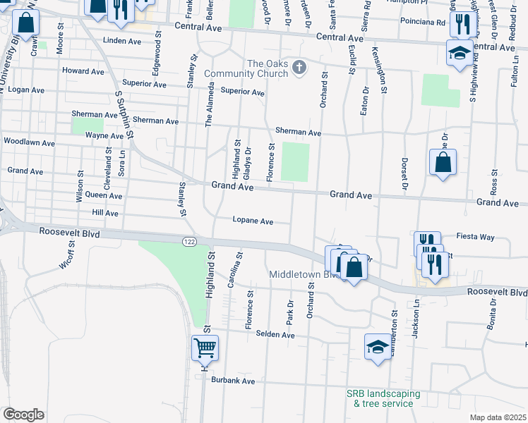 map of restaurants, bars, coffee shops, grocery stores, and more near 2804 Grand Avenue in Middletown