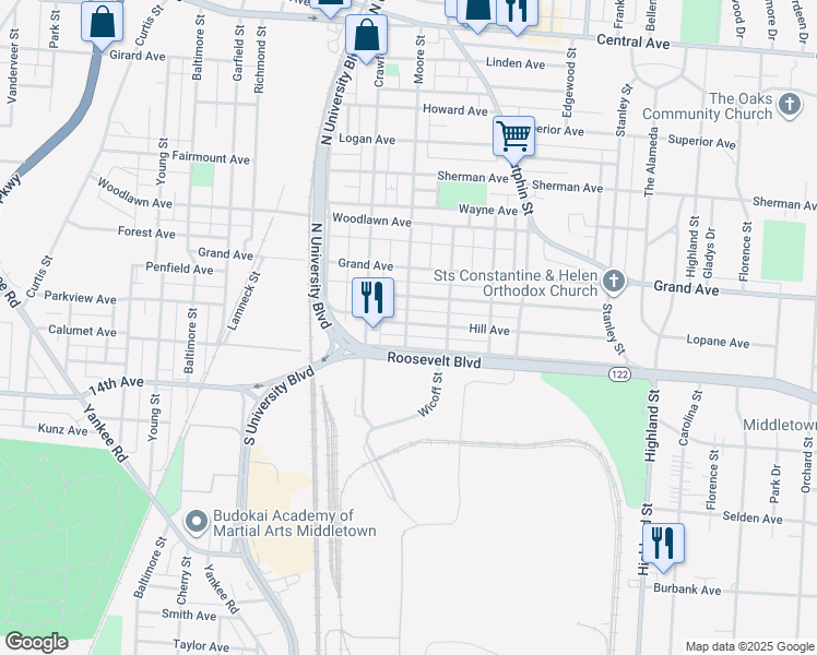 map of restaurants, bars, coffee shops, grocery stores, and more near 2010 Queen Avenue in Middletown