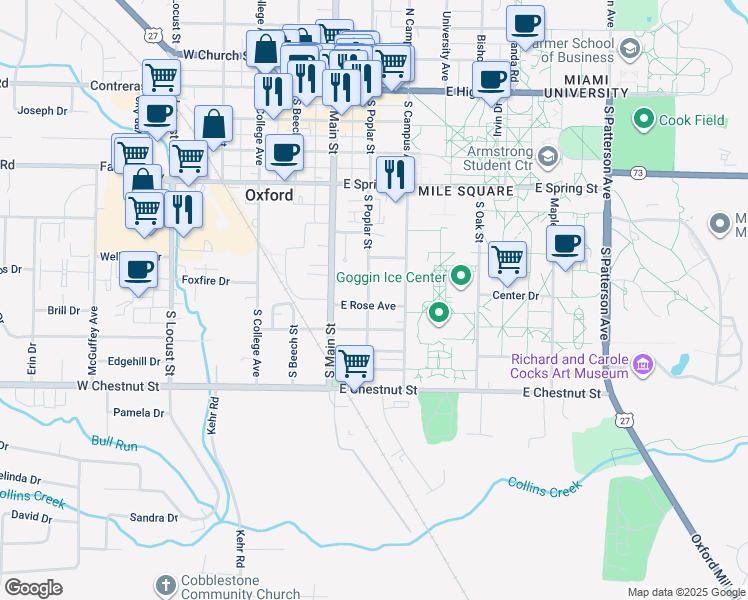 map of restaurants, bars, coffee shops, grocery stores, and more near 527 South Poplar Street in Oxford