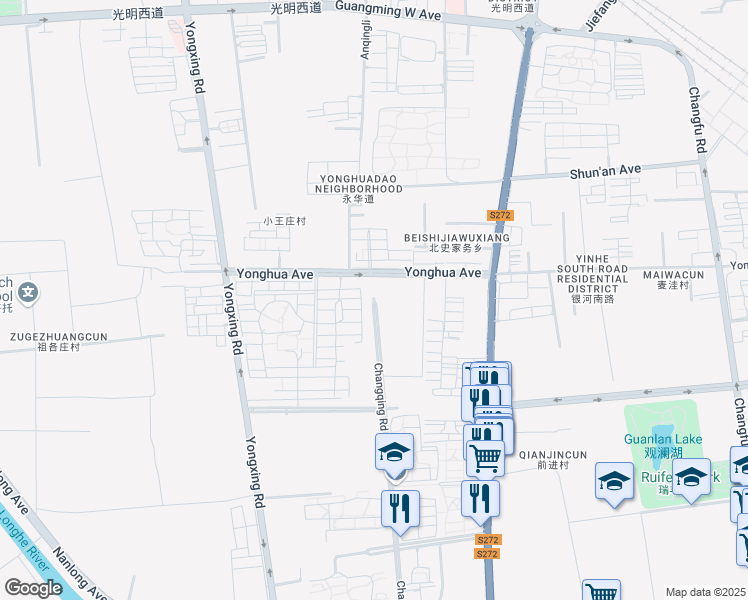 map of restaurants, bars, coffee shops, grocery stores, and more near Chang Qing Lu in Lang Fang Shi