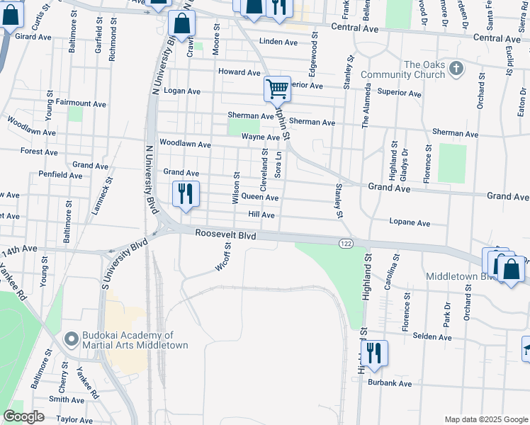 map of restaurants, bars, coffee shops, grocery stores, and more near 2201 Hill Avenue in Middletown