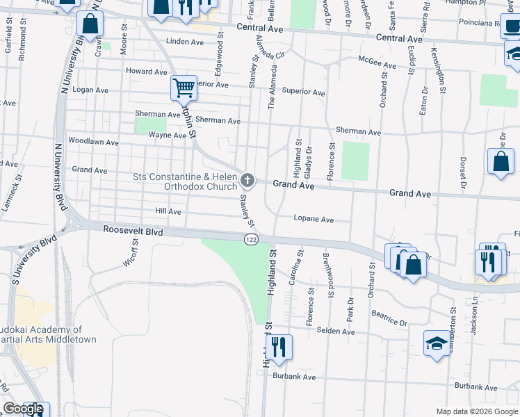 map of restaurants, bars, coffee shops, grocery stores, and more near 804 The Alameda in Middletown