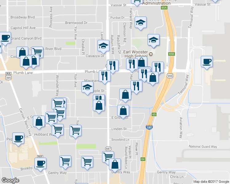 map of restaurants, bars, coffee shops, grocery stores, and more near 2100 Kietzke Lane in Reno