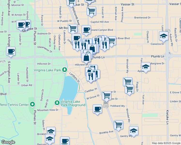 map of restaurants, bars, coffee shops, grocery stores, and more near 2090 Virginia Lake Way in Reno