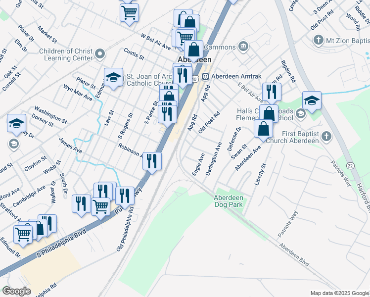 map of restaurants, bars, coffee shops, grocery stores, and more near 176 Old Post Road in Aberdeen