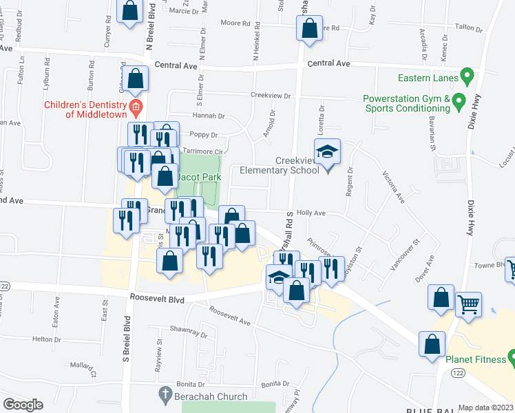 map of restaurants, bars, coffee shops, grocery stores, and more near 4611 Holly Avenue in Middletown