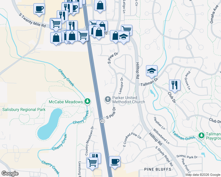 map of restaurants, bars, coffee shops, grocery stores, and more near 11720 Solar Circle in Parker