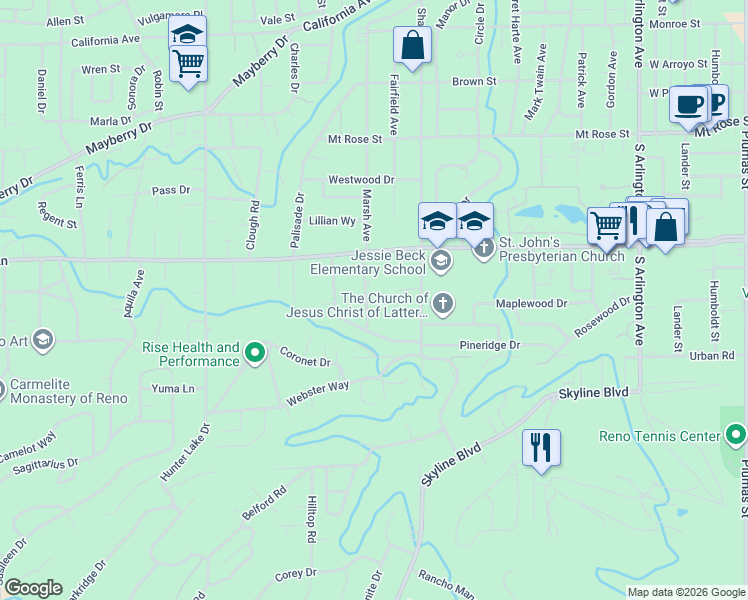 map of restaurants, bars, coffee shops, grocery stores, and more near 2065 Marsh Avenue in Reno