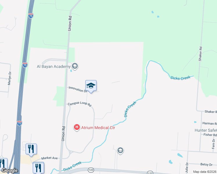 map of restaurants, bars, coffee shops, grocery stores, and more near 5750 Innovation Drive in Middletown