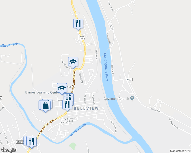 map of restaurants, bars, coffee shops, grocery stores, and more near 107 Trolley St in Fairmont