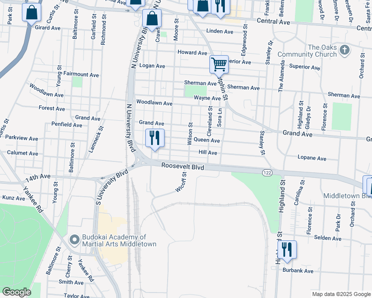 map of restaurants, bars, coffee shops, grocery stores, and more near 2017 Hill Avenue in Middletown