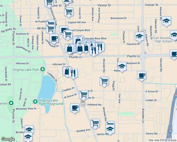 map of restaurants, bars, coffee shops, grocery stores, and more near in Reno