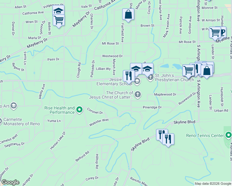 map of restaurants, bars, coffee shops, grocery stores, and more near 2065 Marsh Avenue in Reno