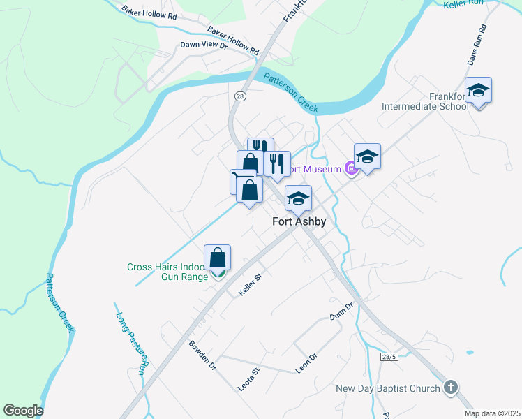 map of restaurants, bars, coffee shops, grocery stores, and more near 70 Presidents Street in Fort Ashby