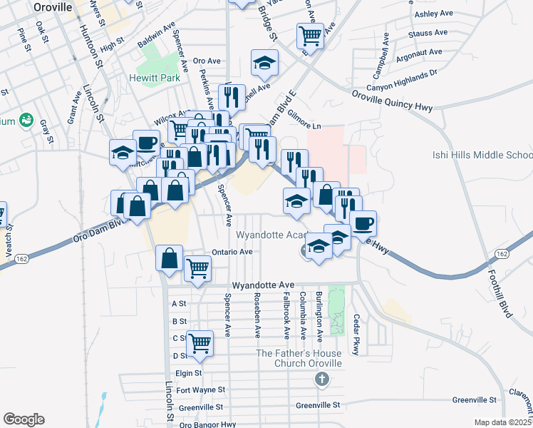 map of restaurants, bars, coffee shops, grocery stores, and more near 2565 Mesa Avenue in Oroville
