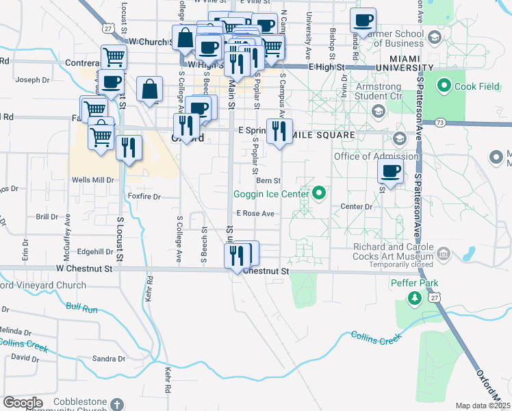 map of restaurants, bars, coffee shops, grocery stores, and more near 523 South Poplar Street in Oxford