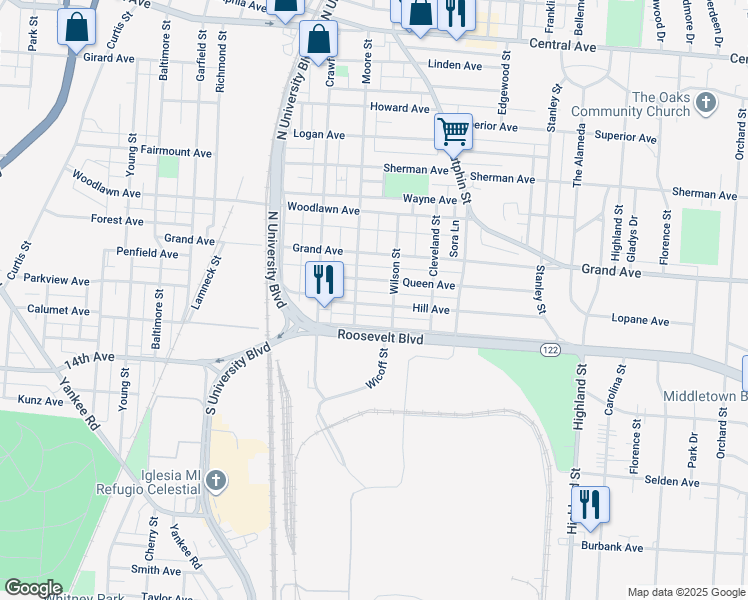 map of restaurants, bars, coffee shops, grocery stores, and more near 2009 Hill Avenue in Middletown
