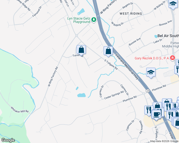 map of restaurants, bars, coffee shops, grocery stores, and more near 1404 Turret Road in Bel Air