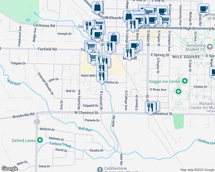 map of restaurants, bars, coffee shops, grocery stores, and more near 335 Foxfire Drive in Oxford