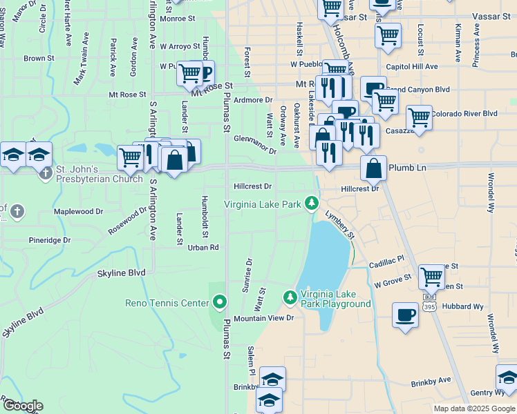 map of restaurants, bars, coffee shops, grocery stores, and more near 355 Sunset Drive in Reno