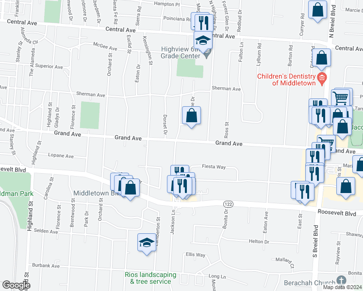 map of restaurants, bars, coffee shops, grocery stores, and more near 3506 Grand Avenue in Middletown