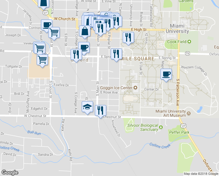 map of restaurants, bars, coffee shops, grocery stores, and more near 523 South Poplar Street in Oxford