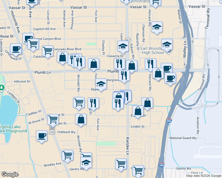 map of restaurants, bars, coffee shops, grocery stores, and more near 2093 Orange Lane in Reno