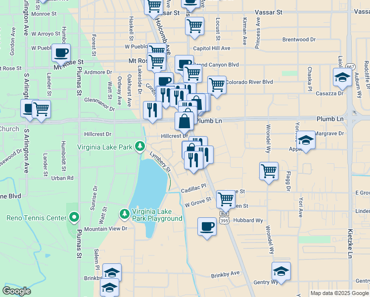 map of restaurants, bars, coffee shops, grocery stores, and more near 2041 South Virginia Street in Reno