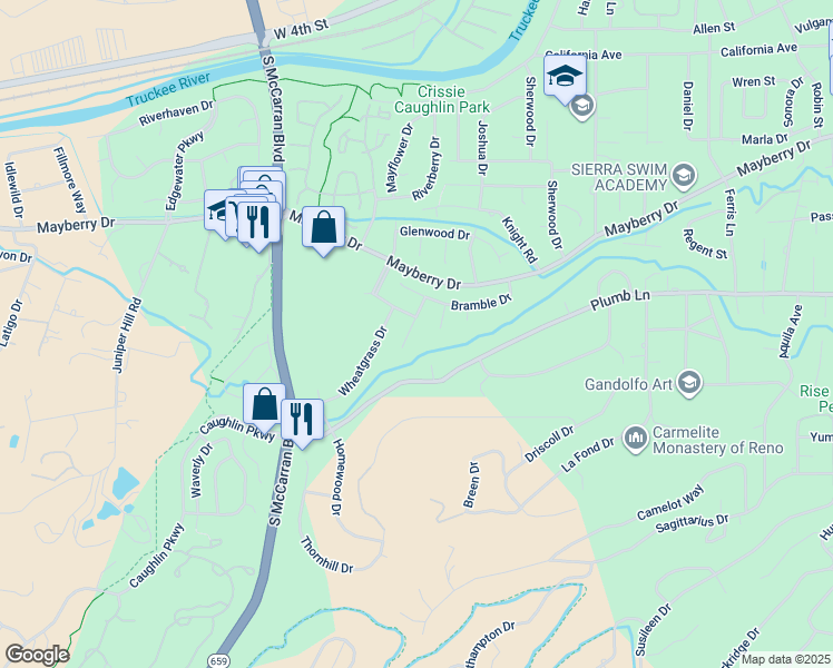 map of restaurants, bars, coffee shops, grocery stores, and more near 1554 Wildrye Drive in Reno