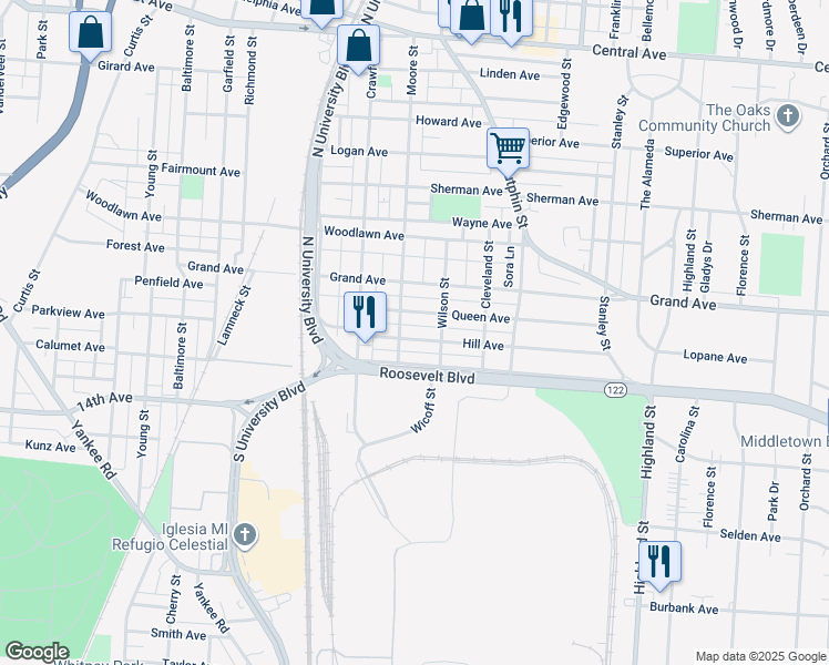 map of restaurants, bars, coffee shops, grocery stores, and more near 2010 Queen Avenue in Middletown