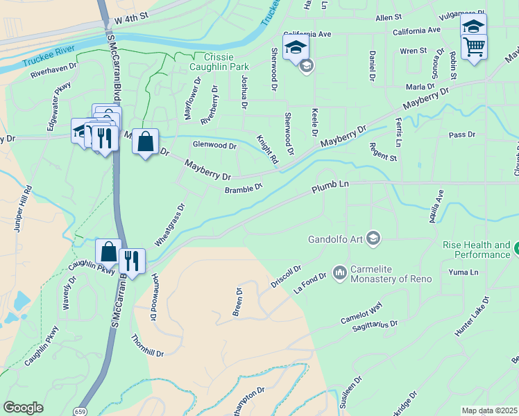map of restaurants, bars, coffee shops, grocery stores, and more near 3185 West Plumb Lane in Reno
