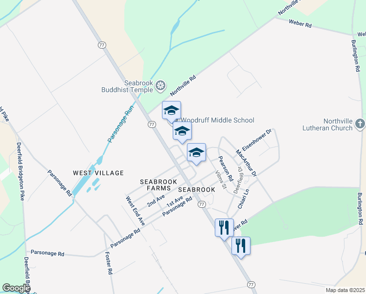 map of restaurants, bars, coffee shops, grocery stores, and more near 1373 New Jersey 77 in Bridgeton