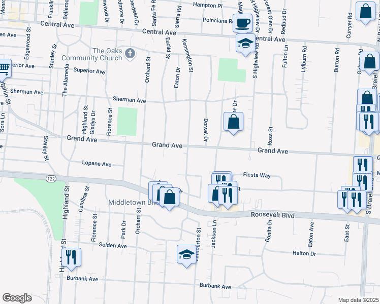 map of restaurants, bars, coffee shops, grocery stores, and more near 3300 Grand Avenue in Middletown