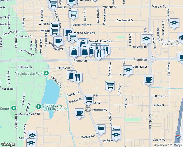 map of restaurants, bars, coffee shops, grocery stores, and more near in Reno