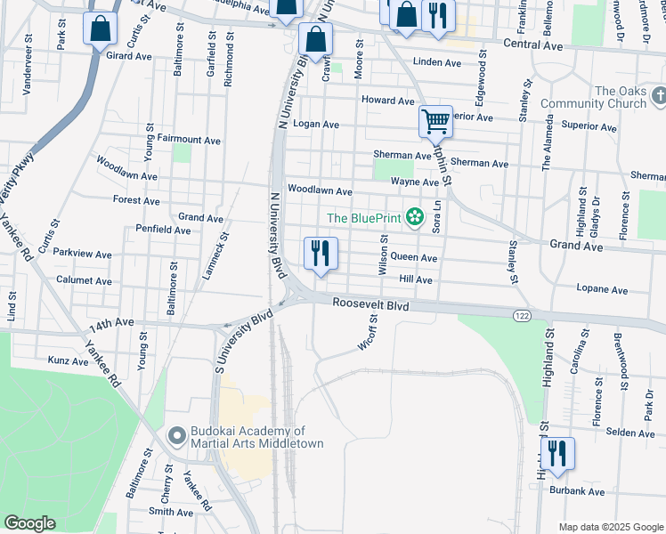 map of restaurants, bars, coffee shops, grocery stores, and more near 1907 Hill Avenue in Middletown