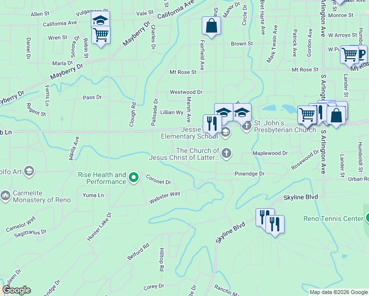 map of restaurants, bars, coffee shops, grocery stores, and more near 2065 Marsh Avenue in Reno