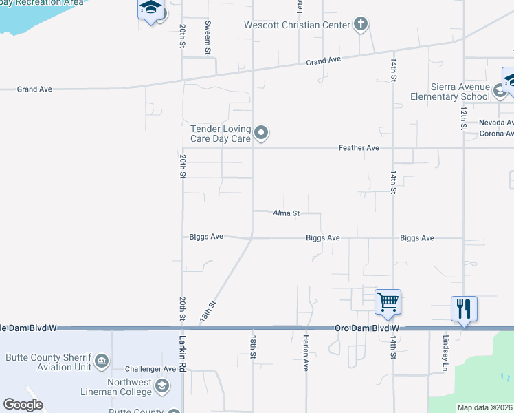 map of restaurants, bars, coffee shops, grocery stores, and more near 1244 18th Street in Oroville