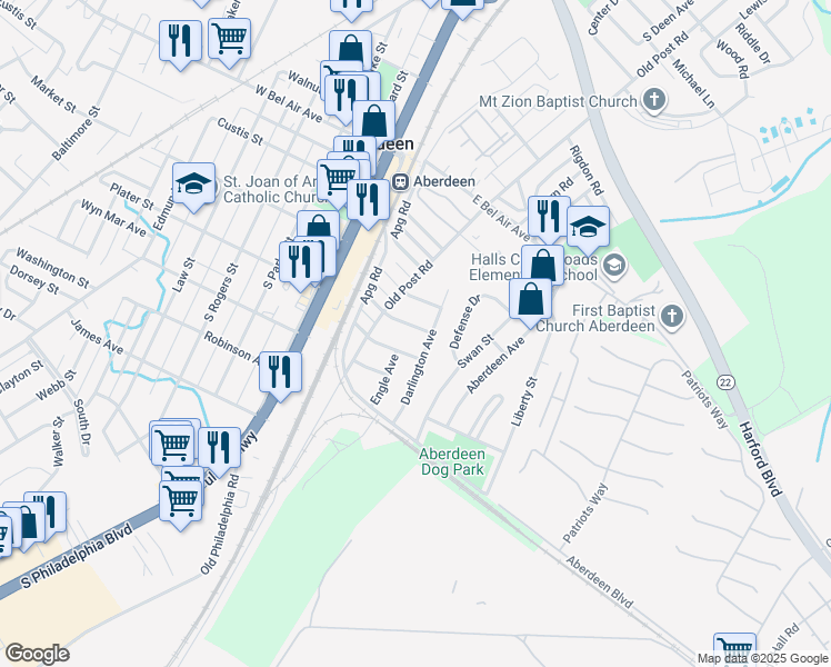 map of restaurants, bars, coffee shops, grocery stores, and more near 86 Norman Avenue in Aberdeen
