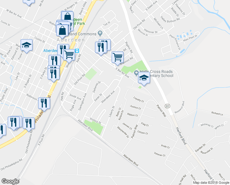 map of restaurants, bars, coffee shops, grocery stores, and more near 18 Aberdeen Ave in Aberdeen